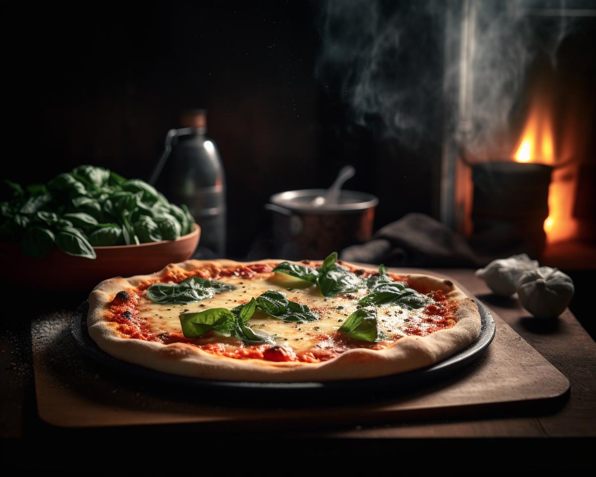 Italian Margherita Pizza with Basil, Wooden Table, Mediterranean Kitchen